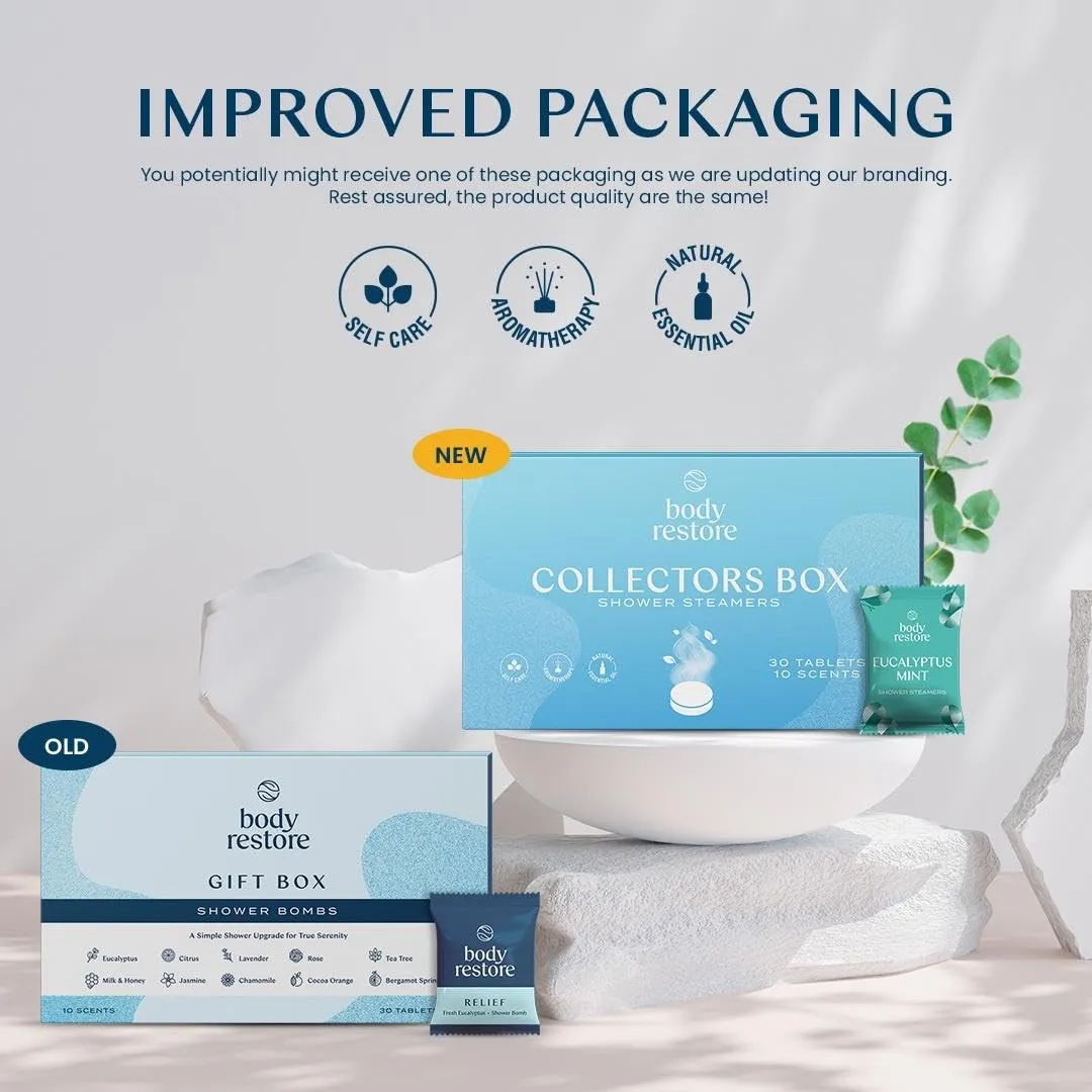 Body Restore Shower Steamers Aromatherapy 30 Pack - Relaxation Birthday Gifts for Women and Men, Travel Essentials, Stress Relief and Self Care - Collector's Box