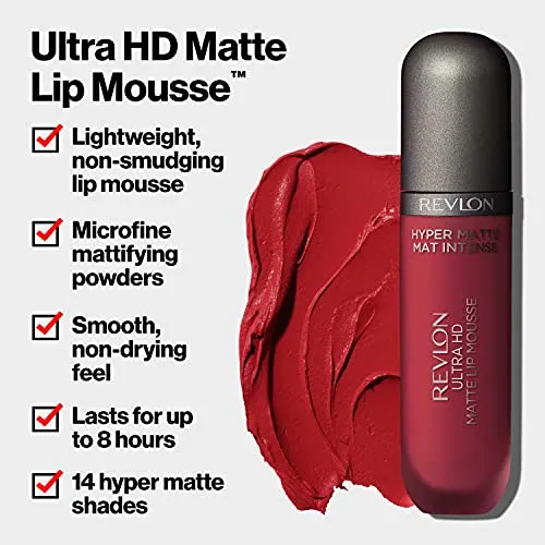 REVLON Ultra HD Lip Mousse Hyper Matte, Longwearing Creamy Liquid Lipstick in Red / Coral, Sub-Saharan (855), 0.2 oz