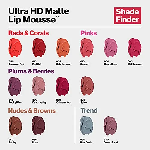 REVLON Ultra HD Lip Mousse Hyper Matte, Longwearing Creamy Liquid Lipstick in Red / Coral, Sub-Saharan (855), 0.2 oz